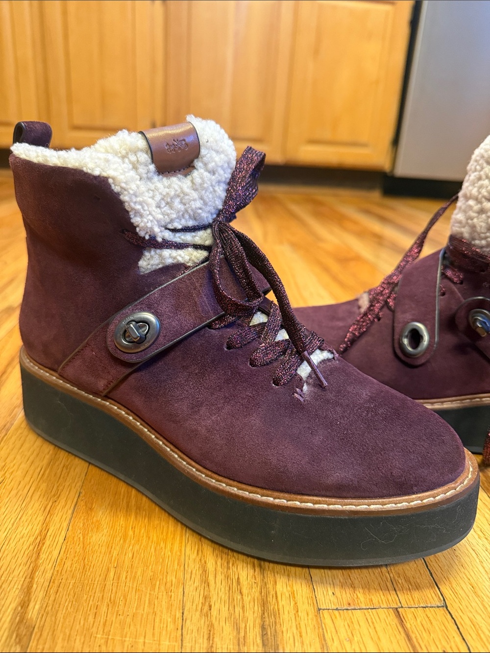 Coach Burgundy Suede Shearling-Trim Ankle Boots - Picture 2 of 7